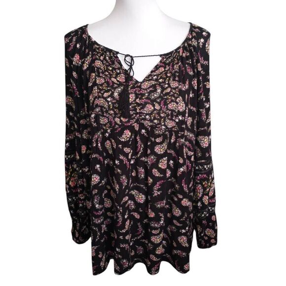 OLD NAVY BLACK & PINK FLORAL BOHO-INSPIRED BLOUSE SZ.L EUC - Picture 1 of 7